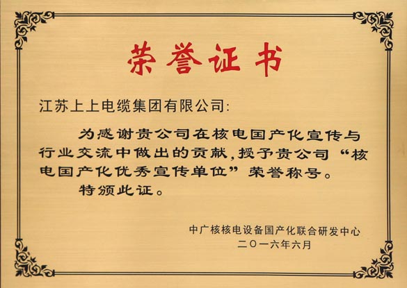 大宝娱乐电缆被授予“核电国产化优异宣传单位”