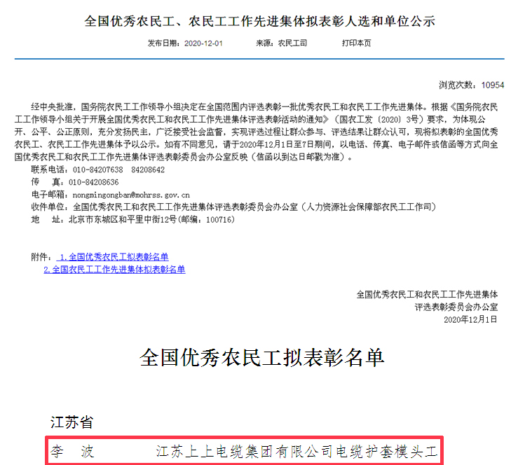 大宝娱乐电缆员工李波荣获“天下优异农民工”称呼